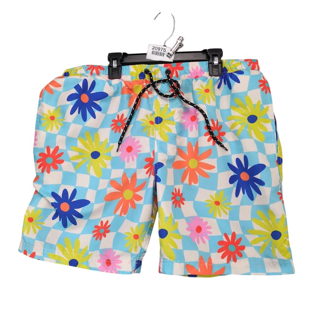 Distortion Men's XL Retro Hippie Floral Check 7" Swim Trunks Board Shorts Surfer